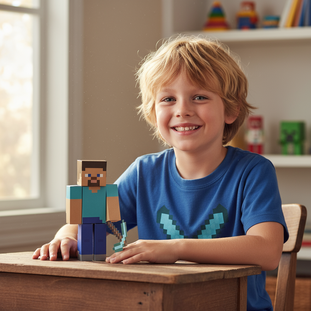 Foldable activity Steve from Minecraft holding his Axe.